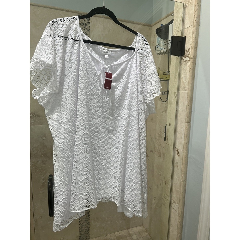 Avenue Semi Sheer White Mesh Lace Asymmetrical Hem 30/32  Sleeve 4X New Nwt